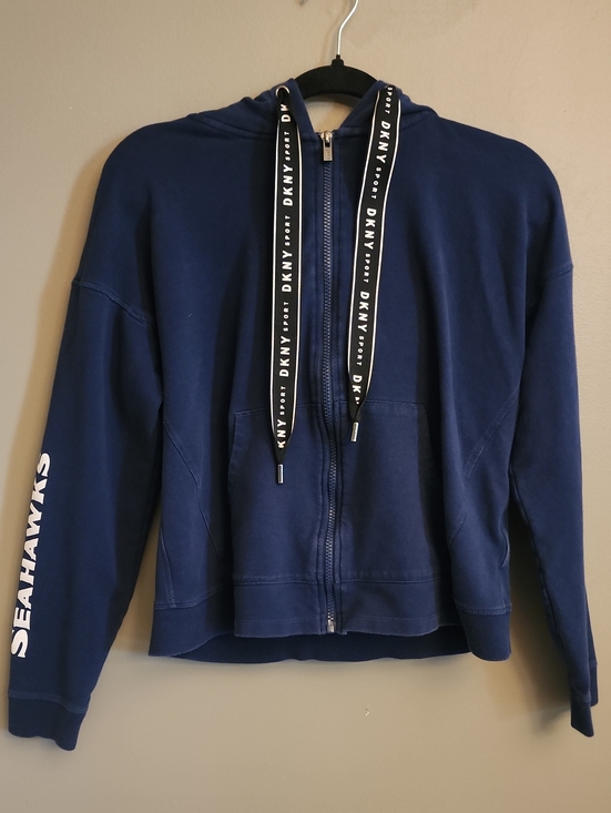 Dkny Tops - DKNY Seattle Seahawks Navy Full-Zip Crop Hoodie with Branded Drawstrings